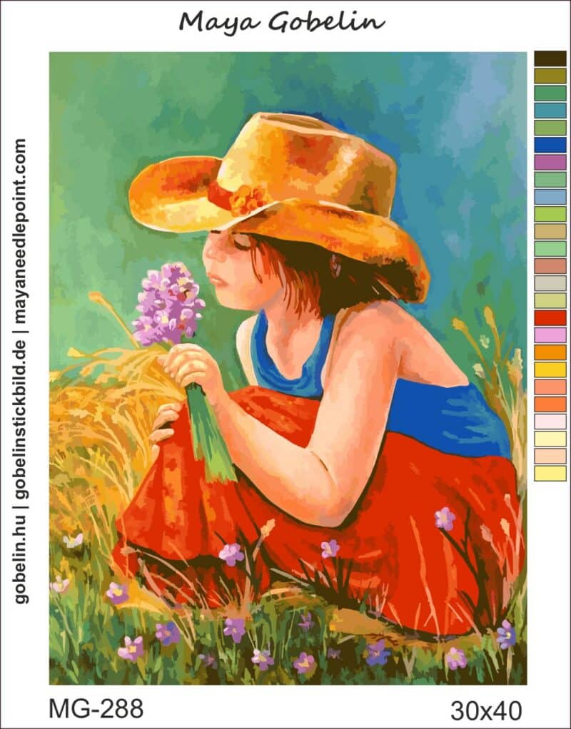 das kleine mädchen, das blumen pflückt (mg 288) gobelin stickbild stickpackung
