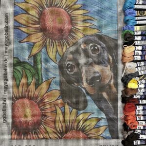 dackel in den sonnenblumen (mg 339) gobelin stickbild stickpackung