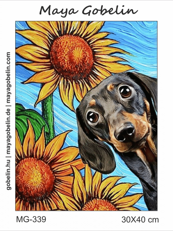dackel in den sonnenblumen (mg 339) gobelin stickbild stickpackung