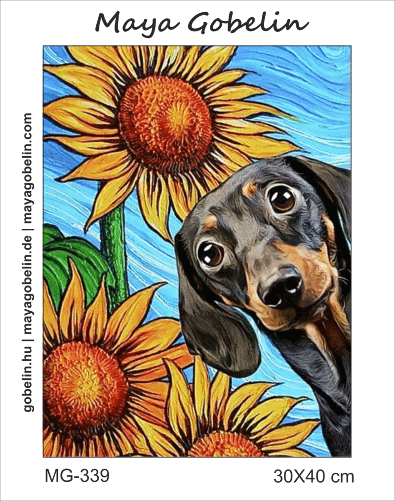 dackel in den sonnenblumen (mg 339) gobelin stickbild stickpackung