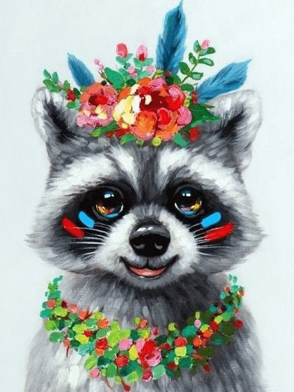 waschbär mit blumen (mg 366) gobelin stickbild stickpackung