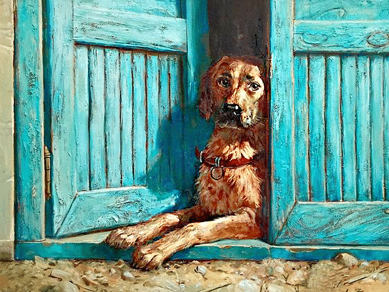 hund vor der tür (mg 506) gobelin stickbild stickpackung