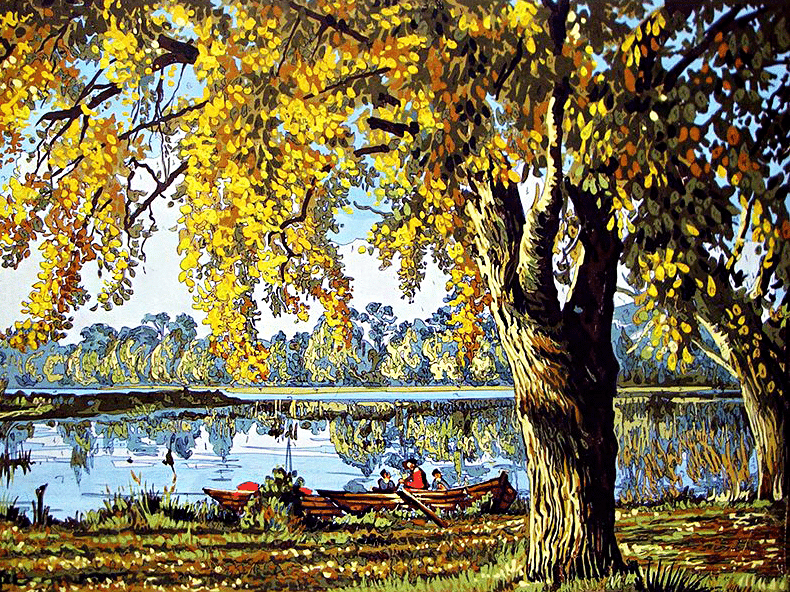 bootfahren im herbst (mg 627) gobelin stickbild stickpackung
