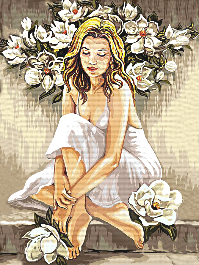 mädchen und magnolien (mg 701) gobelin stickbild stickpackung