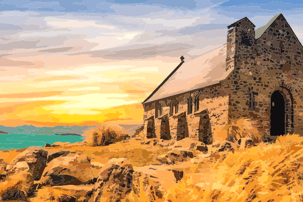 kirche mit sonnenuntergang (mg 747) gobelin stickbild stickpackung
