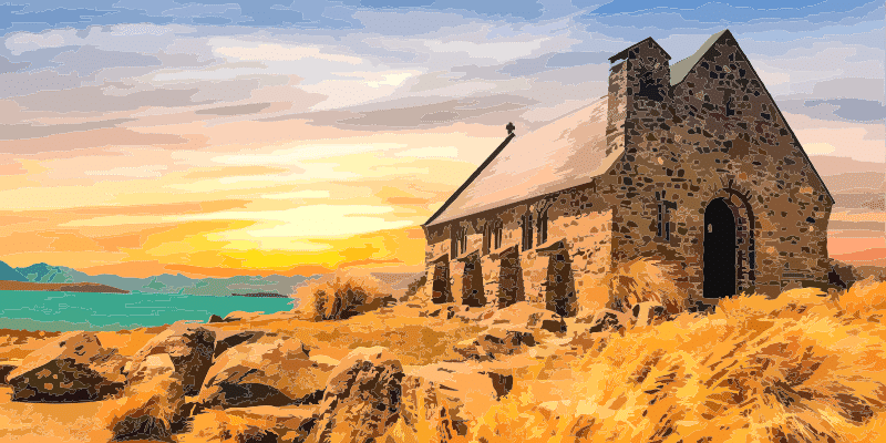 kirche mit sonnenuntergang (mg 747) gobelin stickbild stickpackung