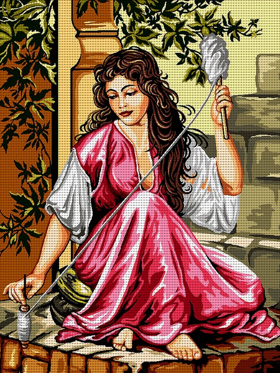 die frau spinnt garn (mg 912) gobelin stickbild stickpackung